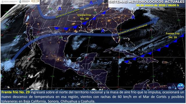 frente frío descenso temperatura VIENTO FUERTES EN EL MAR DE CORTÉS CON POSIBLES TOLVANERAS EN BAJA CALIFORNIA, SONORA, CHIHUAHUA Y COAHUILA.