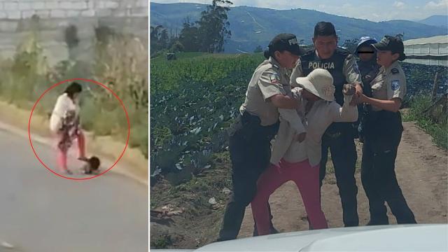 Una mujer pateando a un niño y siendo detenida por policías